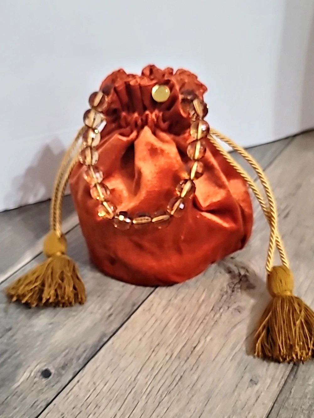Orange Beaded Drawstring Mini Bag Like New Fall Medieval Festival Costume Party